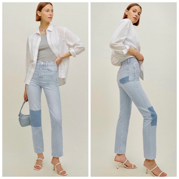 Reformation Cynthia Patch High Rise Straight Jeans In Tahoe NWT - Picture 6 of 14